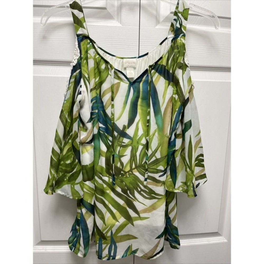 Chico's Cold Shoulder Blouse size 1 Green Blue Sheer‎ Garden Lace Beach Boho